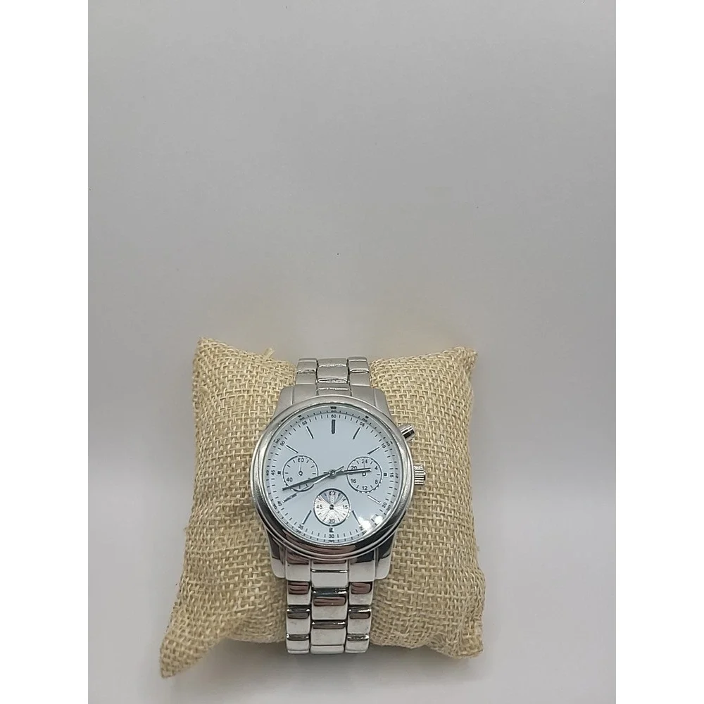 Vintage Silver Tone Chronogragh‎ Style Quartz Watch Metal Link Bracelet